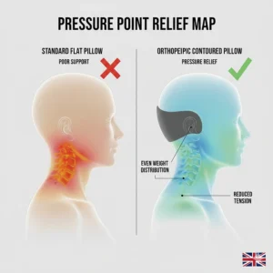 Pressure point heat map showing even weight distribution and tension relief provided by a contoured cervical pillow.
