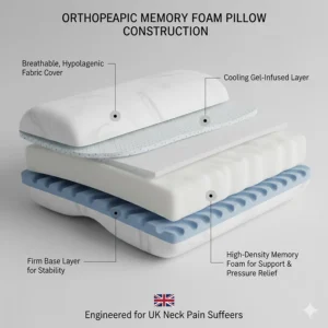 Internal view of the breathable memory foam layers of an orthopaedic pillow designed for UK neck pain sufferers.