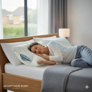 Illustration of a back sleeper using an adjustable height pillow with reduced layers for optimal cervical spine support.