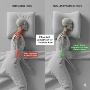 Comparison between a flat standard pillow causing poor alignment and a high-loft orthopaedic pillow providing correct shoulder pressure relief.