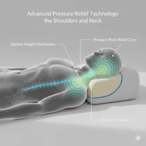 Visual representation of pressure point relief across the shoulders and neck using an orthopaedic pillow.