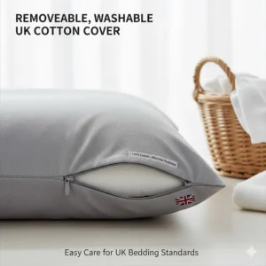 Close-up of a removable, machine-washable cotton pillow cover designed to meet UK hypoallergenic bedding standards.