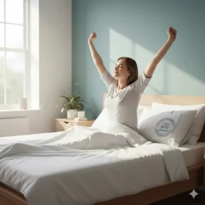 Illustration of a person waking up refreshed without allergy symptoms thanks to a hypoallergenic pillow.