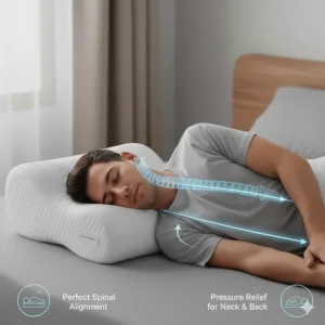 Diagram showing a sleeper’s spine perfectly aligned while using a value memory foam pillow.