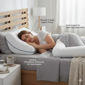 A side sleeper demonstrating full-body orthopaedic positioning with a neck support pillow and a secondary knee pillow for hip and spine alignment.