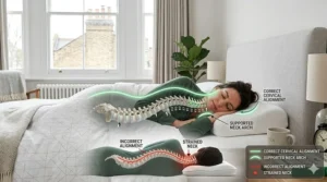 A diagram showing correct cervical spine alignment and a supported neck arch for a side sleeper using a high-quality orthopaedic pillow.