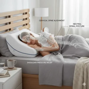 Diagram showing correct spinal alignment and cervical support for a side sleeper using an orthopaedic pillow to prevent shoulder pressure.