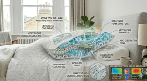 Infographic demonstrating the heat dissipation flow and excess heat removal mechanism in a cooling gel-infused orthopaedic pillow.