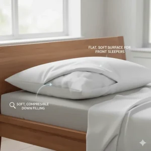 An illustration of a soft, compressible down pillow that provides a flat, comfortable surface for sleeping on one's front.