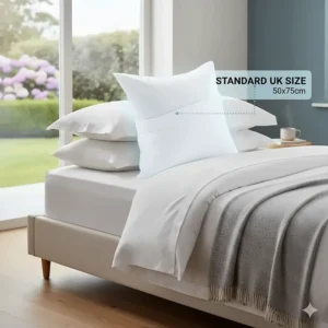 Illustration of a high loft pillow fitting perfectly inside a standard UK size pillowcase measuring 50x75cm.