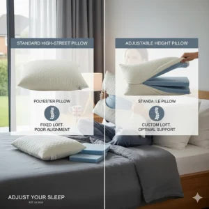 A comparison chart between a standard high-street polyester pillow and an adjustable height pillow with customisable loft.