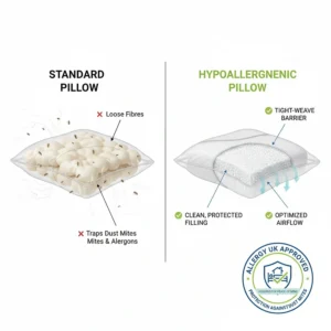 Comparison chart showing the difference between standard stuffing and hypoallergenic dust mite-resistant filling.