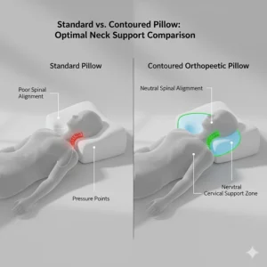 A comparison chart showing the lack of support in standard pillows versus the alignment of an orthopaedic contoured pillow.
