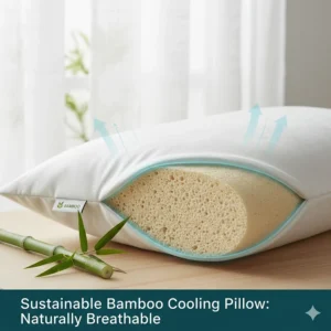 Illustration of a sustainable bamboo-derived cooling pillow cover, popular for its natural breathability.