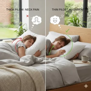 Comparison diagram showing how a thick pillow causes neck pain for front sleepers versus the correct alignment of a thin pillow.