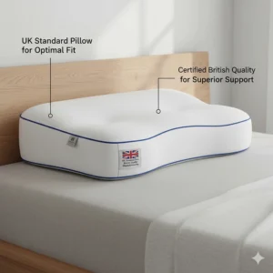A UK standard-size orthopaedic pillow on a bed, featuring a Union Jack label to highlight British quality and manufacturing standards.