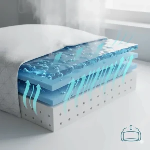 Cross-section of a ventilated memory foam pillow showing enhanced airflow for a cooler sleep surface.