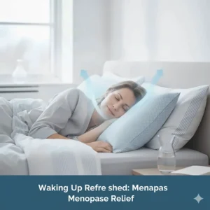 A woman waking up feeling refreshed and dry after using a cooling pillow for menopausal symptoms.