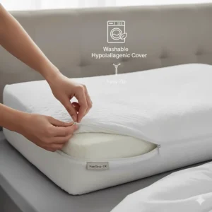 Illustration of a removable, machine-washable hypoallergenic cover being zipped onto a memory foam pillow.