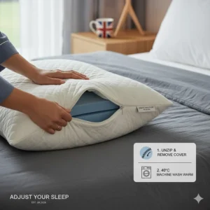 Illustration of the removable quilted cover being unzipped, including a 40°C machine wash icon for easy care instructions.