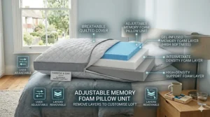 A close-up illustration of an adjustable height memory foam pillow with removable layers, allowing side sleepers to customise their loft.