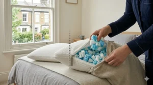 Illustration showing a person removing a handful of foam fill to customise the firmness of their new adjustable pillow.