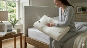 An illustration of a memory foam pillow with anti-allergy properties to protect against dust mites and allergens.