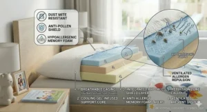 An infographic-style image highlighting the hypoallergenic, dust mite resistant, and anti-pollen properties of the pillow.