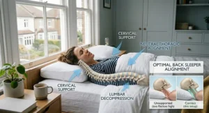 Illustration showing correct spinal alignment for back sleepers using a medium-firm pillow to support the neck.