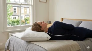 Illustration of a side sleeper using an adjustable pillow to maintain perfect spinal alignment and neck support.