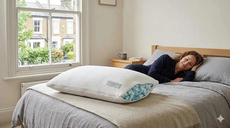 A luxury best adjustable pillow displayed on a modern bed with grey linen, showing the side zip for loft adjustment. best adjustable pillow