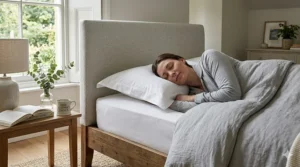 A woman sleeping comfortably on her side using a firm, supportive hollowfibre pillow designed for side sleepers.