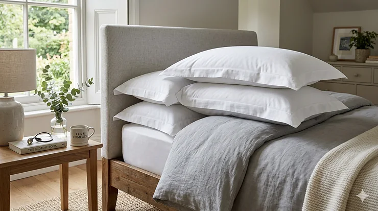 A stack of plush white pillows on a contemporary bed with a grey duvet, representing the best budget pillow options in the UK. best budget pillow