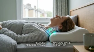 Medical illustration of a back sleeper’s neck being cradled by a cervical pillow to maintain natural curvature.