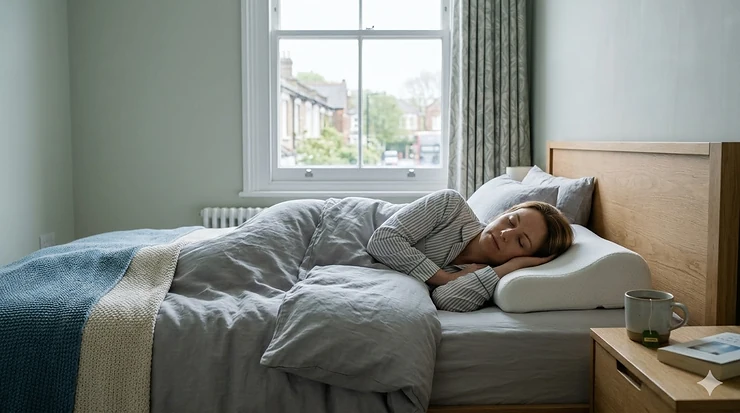 A person sleeping comfortably on their back using the best cervical pillow for neck pain relief, featuring an ergonomic contour design. best cervical pillow
