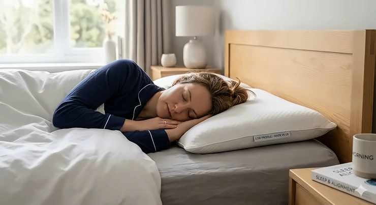 A premium low profile pillow on a modern oak bed frame in a bright British bedroom, demonstrating its slim depth for sleepers. low profile pillow