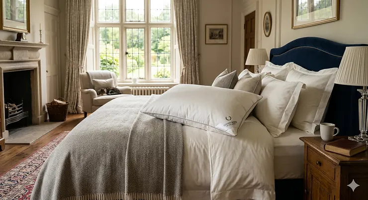 A plush, high-loft luxury pillow styled on a king-size bed in a bright British bedroom with premium cotton linens. best luxury pillow