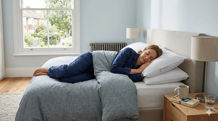 A luxury king-size bed in a bright British bedroom featuring a high-loft pillow designed by a leading UK sleep brand, positioned perfectly for a side sleeper. pillow brands for side sleepers