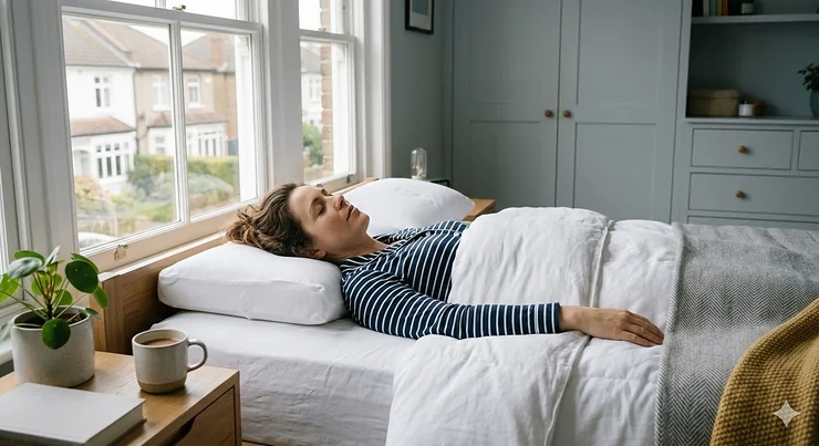 A person sleeping comfortably on their back using a supportive orthopaedic pillow in a modern British bedroom. pillow for back sleepers