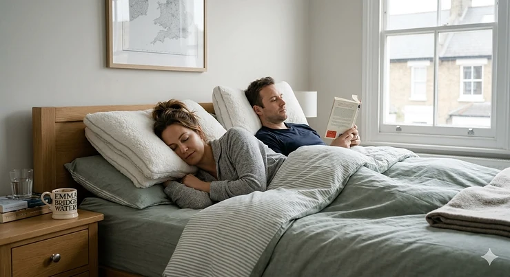 A premium adjustable pillow for combination sleepers resting on a made bed with British-style linens. pillow for combination sleepers