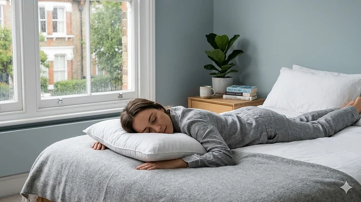 A person sleeping comfortably on their front using a slim, soft pillow for stomach sleepers in a brightly lit UK bedroom. soft pillow for stomach sleepers
