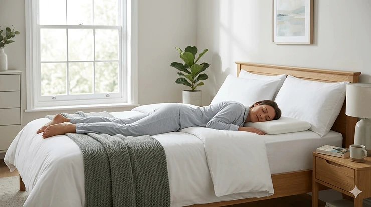 A professional 4K photograph of a woman sleeping peacefully on her stomach in a modern, light-filled UK bedroom. She is using a slim, low-profile memory foam pillow designed specifically for front sleepers, on a bed with a crisp white duvet and knitted throw. thin pillow for stomach sleepers