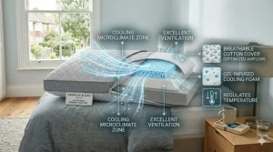 A cross-section view of a breathable cotton-covered pillow, highlighting airflow technology to keep side sleepers cool during the night.