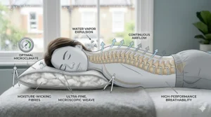 Illustration of airflow through a breathable cotton cover, showing the cooling benefits of the pillow for front sleepers.
