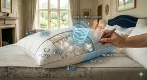An infographic illustrating the airflow through the pillow's natural fibres to prevent overheating during British summer nights.