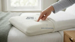 A photorealistic, macro close-up photograph captures the intricate, micro-perforated surface of an ultra-slim memory foam pillow. A woman's finger gently depresses the porous, breathable foam to demonstrate its supportive and cooling properties.