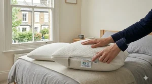 An icon-based illustration highlighting the OEKO-TEX certification and hypoallergenic materials suitable for UK allergy sufferers.