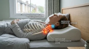 Diagram highlighting pressure point relief across the cervical spine and shoulders when using a support pillow.