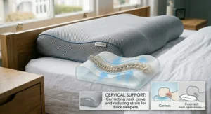 Diagram of a cervical support pillow highlighting the curved edge that fills the gap between the neck and the mattress.