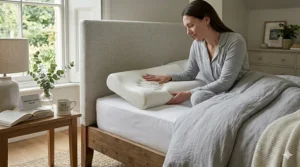 A woman testing the pressure relief of a contoured memory foam pillow, a top-rated budget option for neck support.